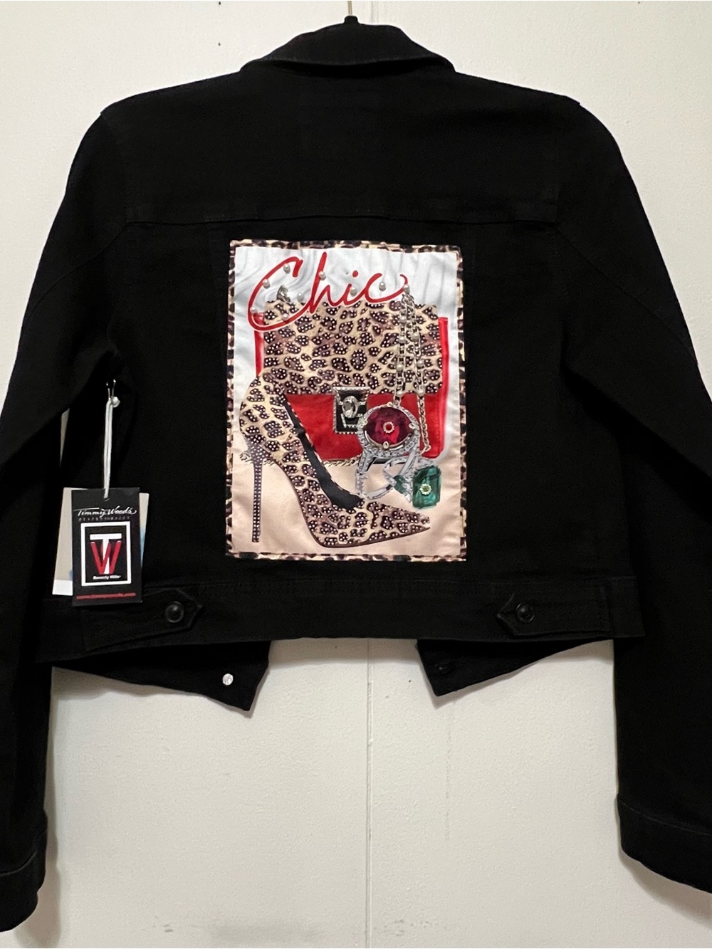Timmy Woods Black Jean Jacket with Chic Leopard Patch